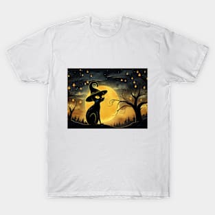 Halloween Black Cat with Hat T-Shirt